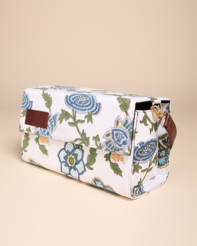 White Floral Handblock Printed Satchel Bag