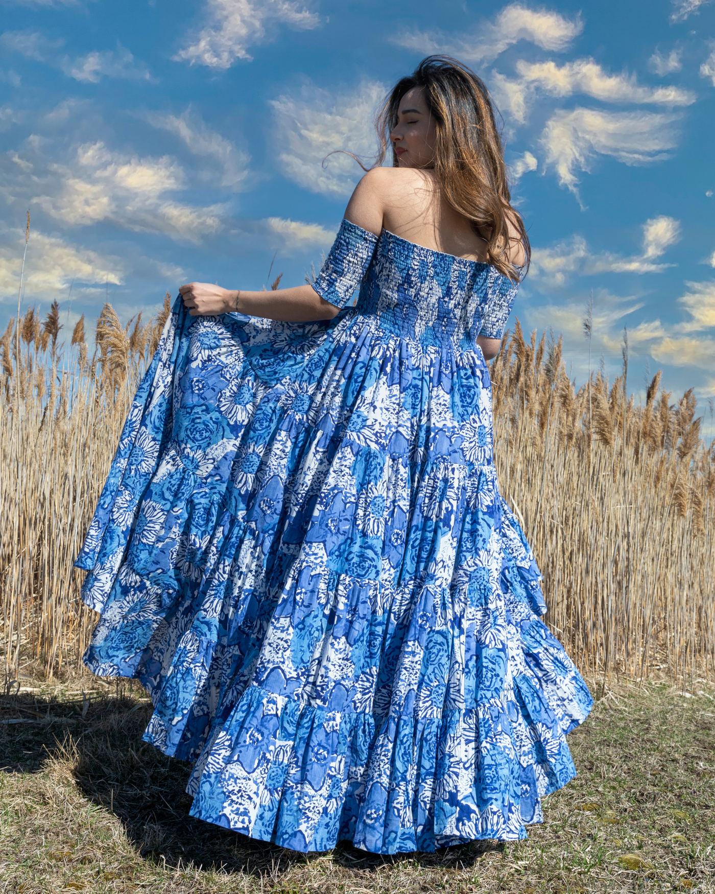 Egyptian Blue Smocked Cotton Dress