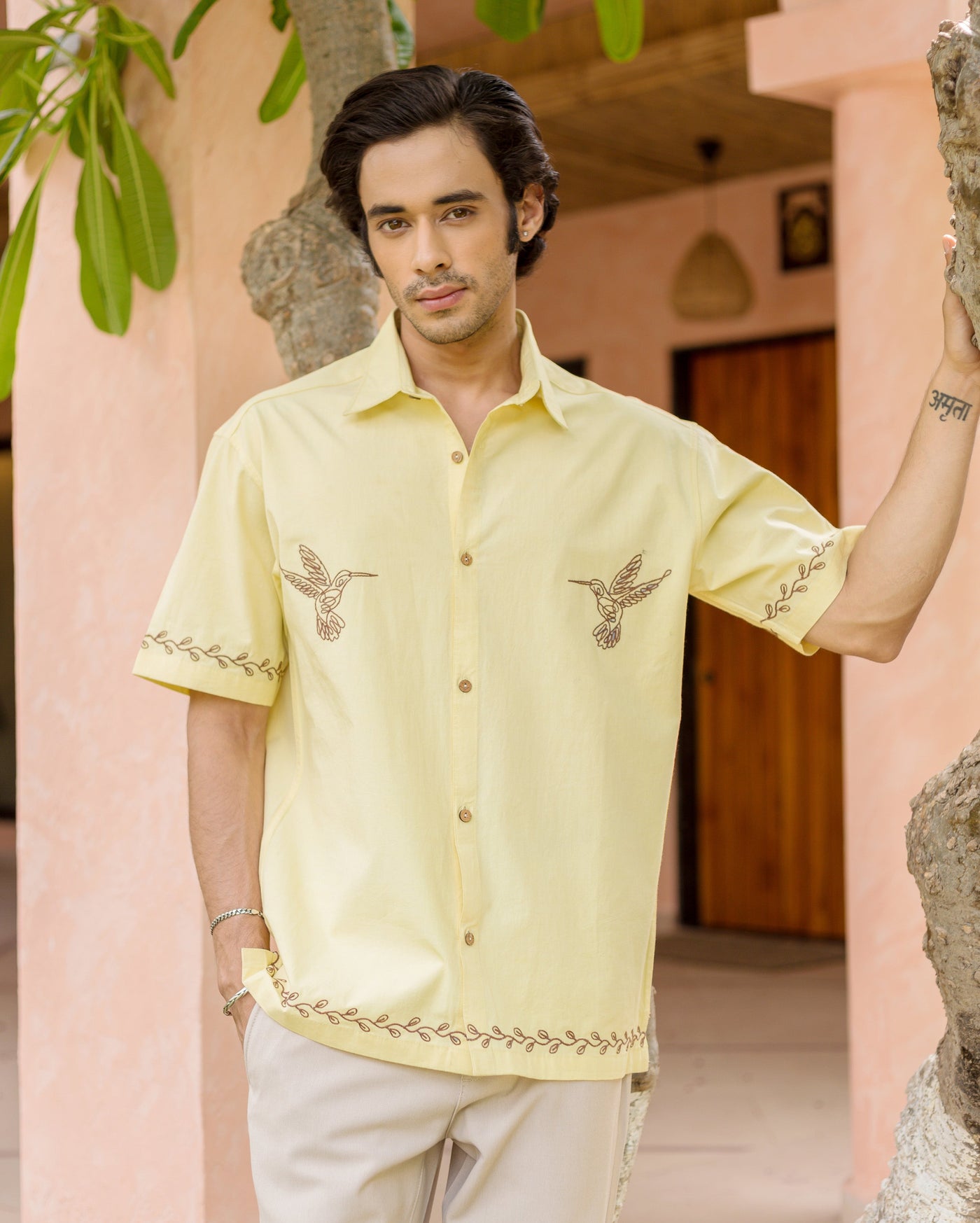 Doff Yellow Embroidered Cotton Shirt