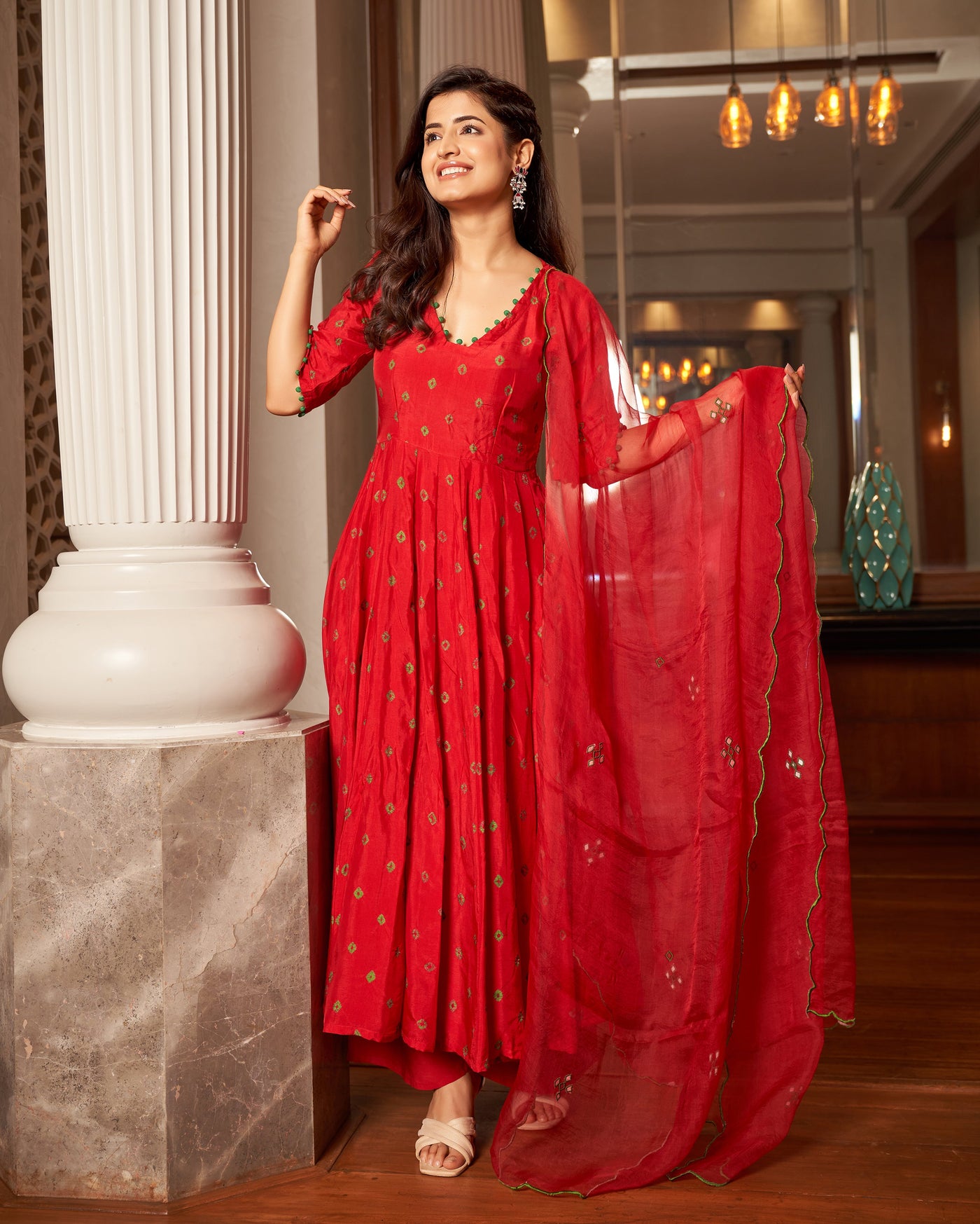 Rasa Red Bandhani Silk Suit Set