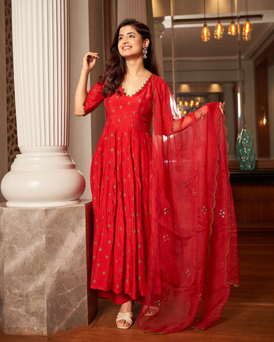 Rasa Red Bandhani Silk Suit Set