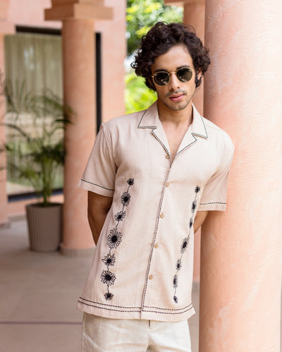 Eden Beige Embroidered SlubShirt