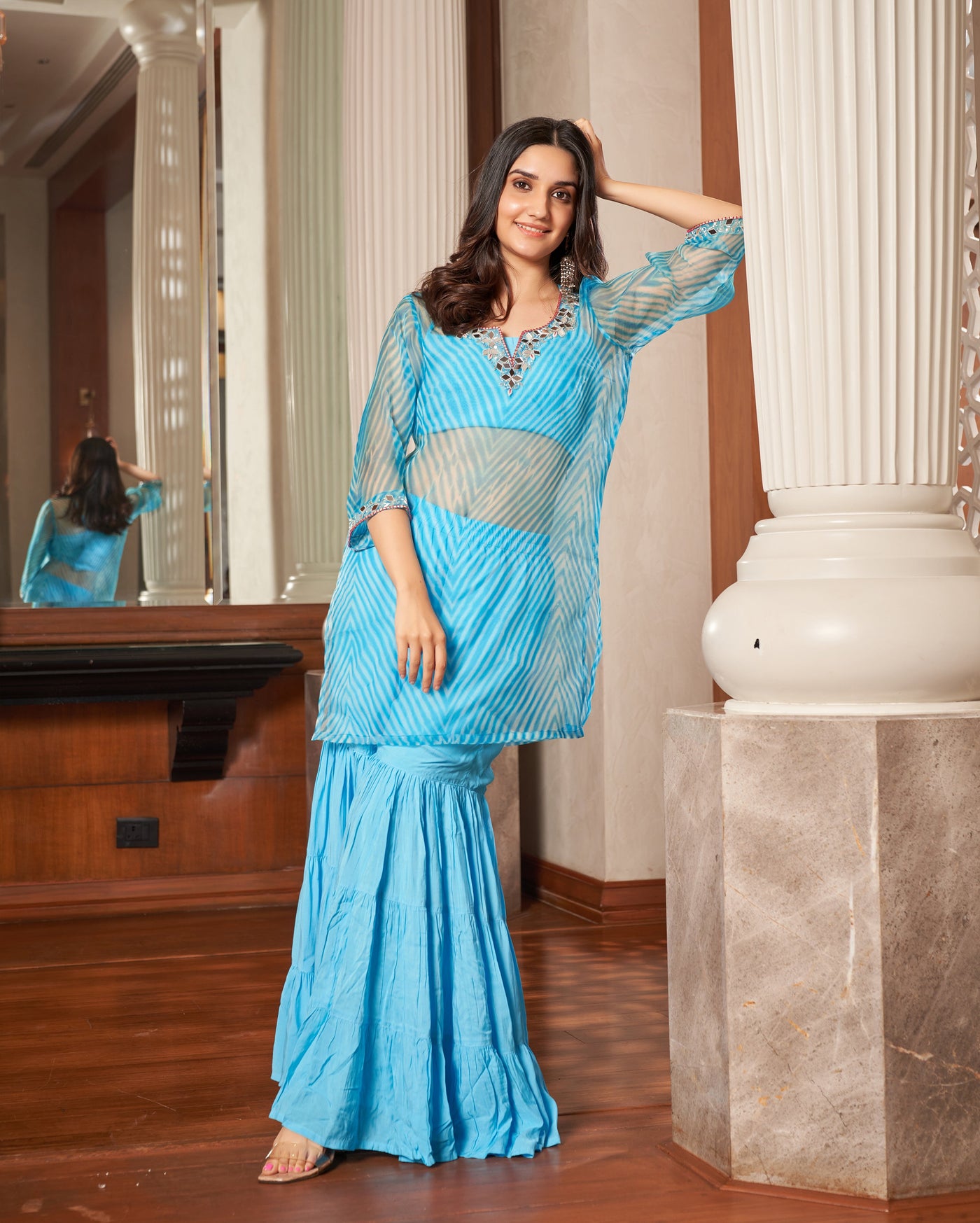 Tijori Light Blue Leheriya Organza Sharara Set
