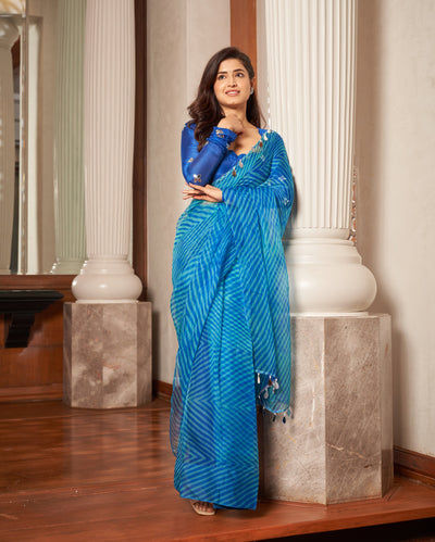 Neeru Blue Leheriya Organza Pre Draped Saree