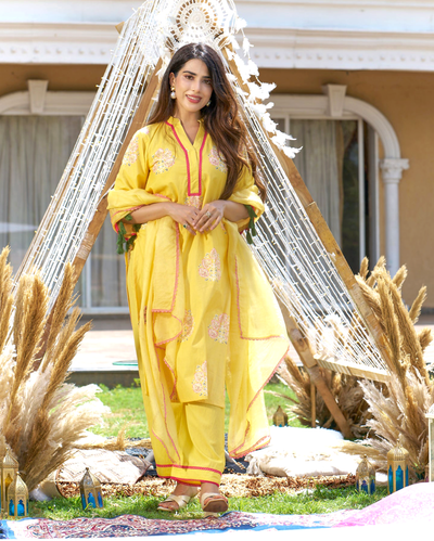 Trishika Yellow Printed Cotton Suit Set
