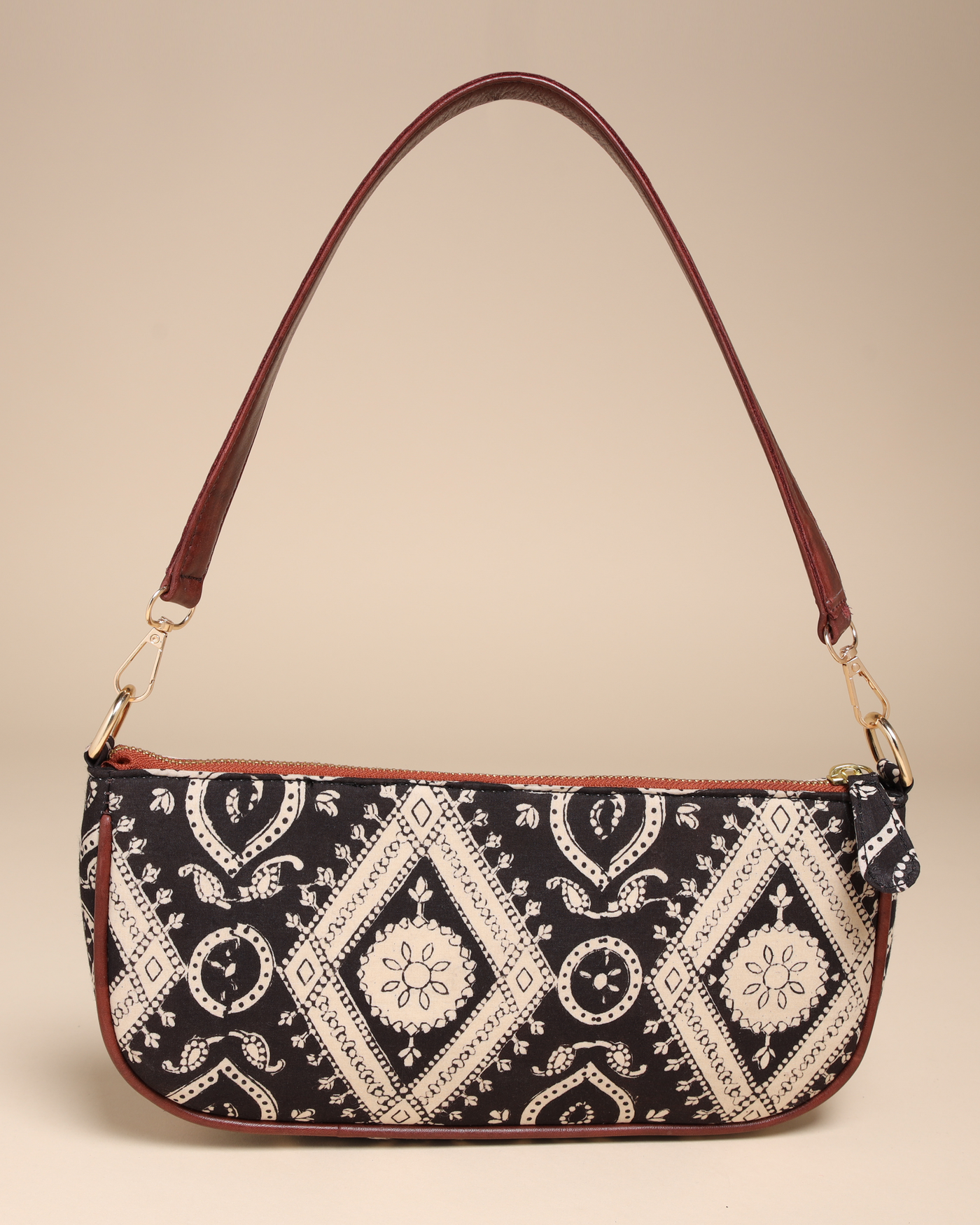 Sable Black Cotton Blockprinted Mini Baguette Bag