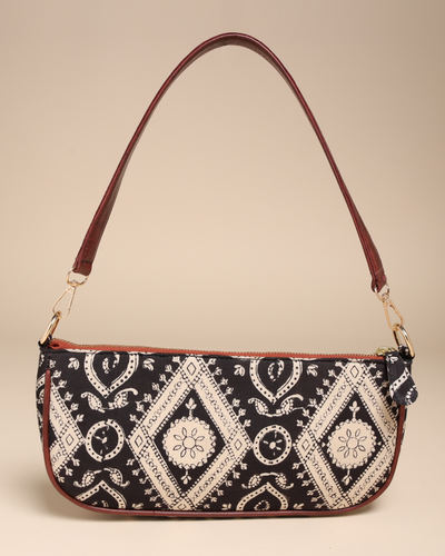 Sable Black Cotton Blockprinted Mini Baguette Bag
