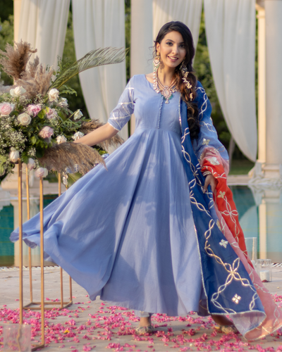 Dusty Blue Gota Suit Set With Gota Potli