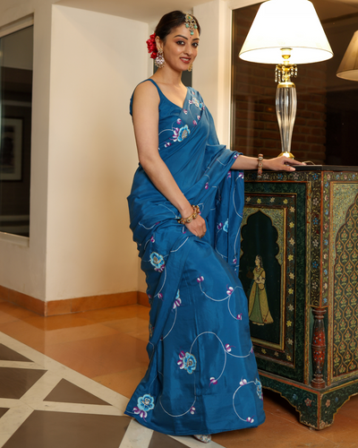 Galaxy Blue Handpainted Silk Saree