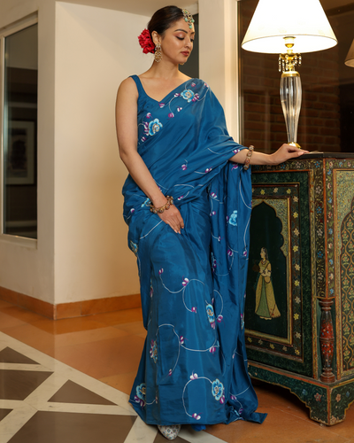 Galaxy Blue Handpainted Silk Saree