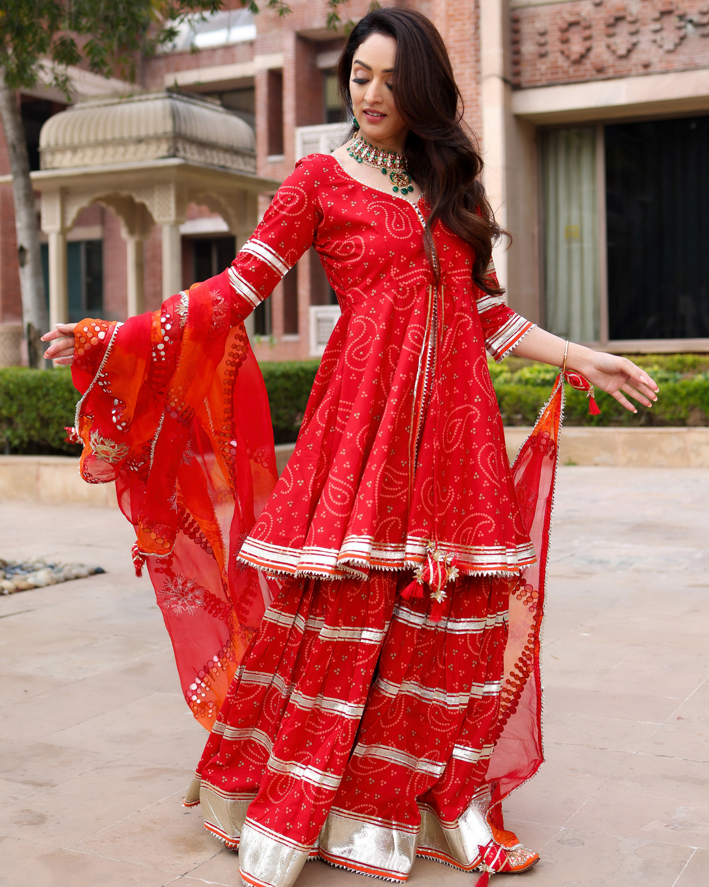 Red Hibiscus Gotapatti Sharara Set