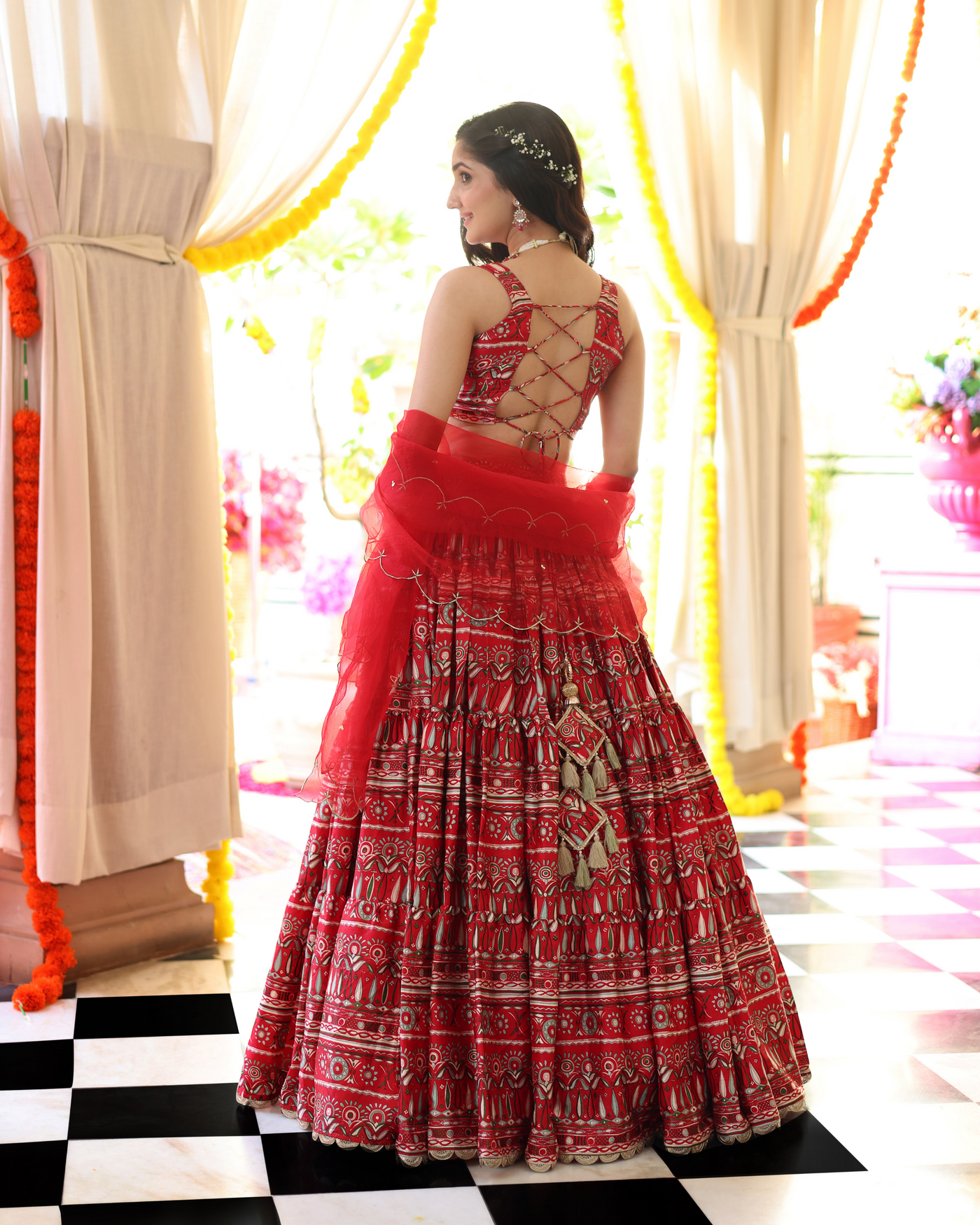 Red Hibiscus Haven Printed Satin Lehenga Set