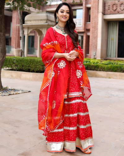 Red Hibiscus Gotapatti Sharara Set