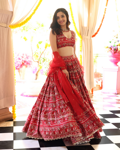 Red Hibiscus Haven Printed Satin Lehenga Set