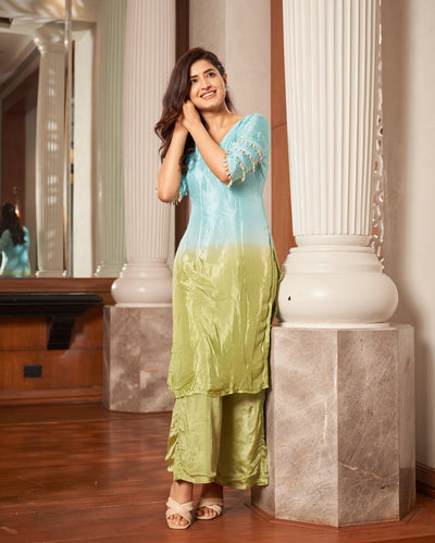 Matsya Blue Green Ombre Silk Kurta Set