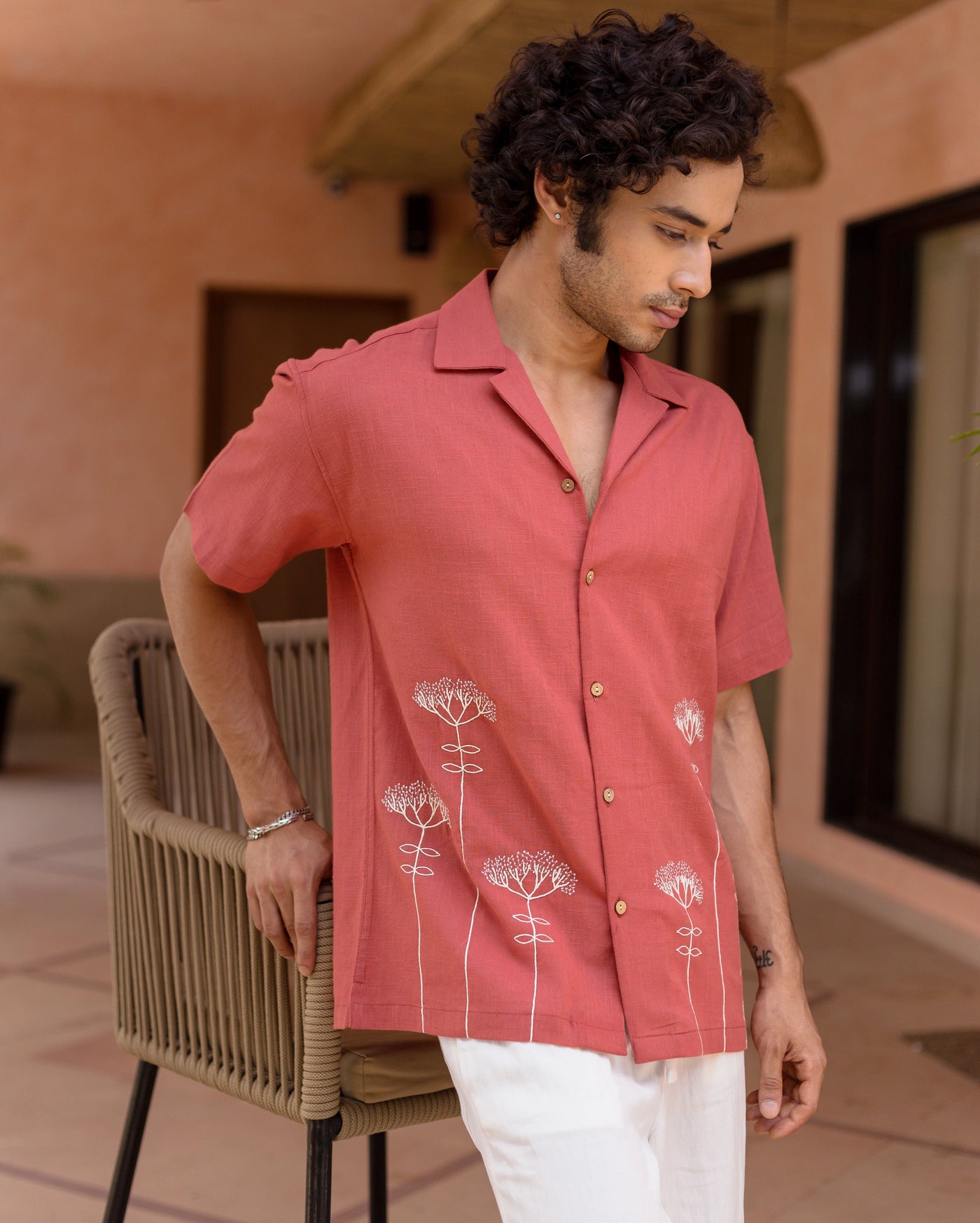 Brick Red Embroidered Slub Shirt