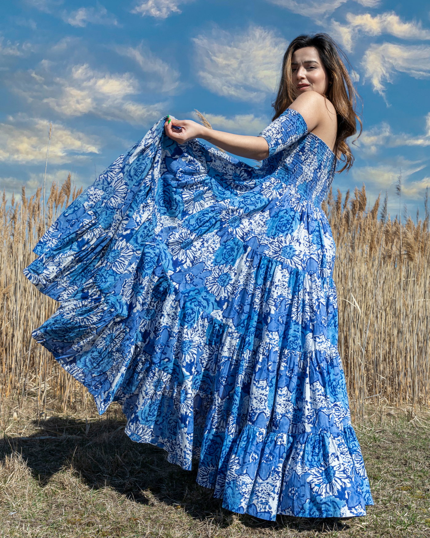 Egyptian Blue Smocked Cotton Dress