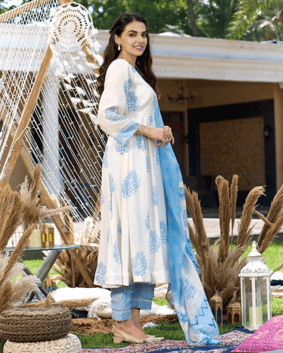 Rudra White Printed Silk Suit Set