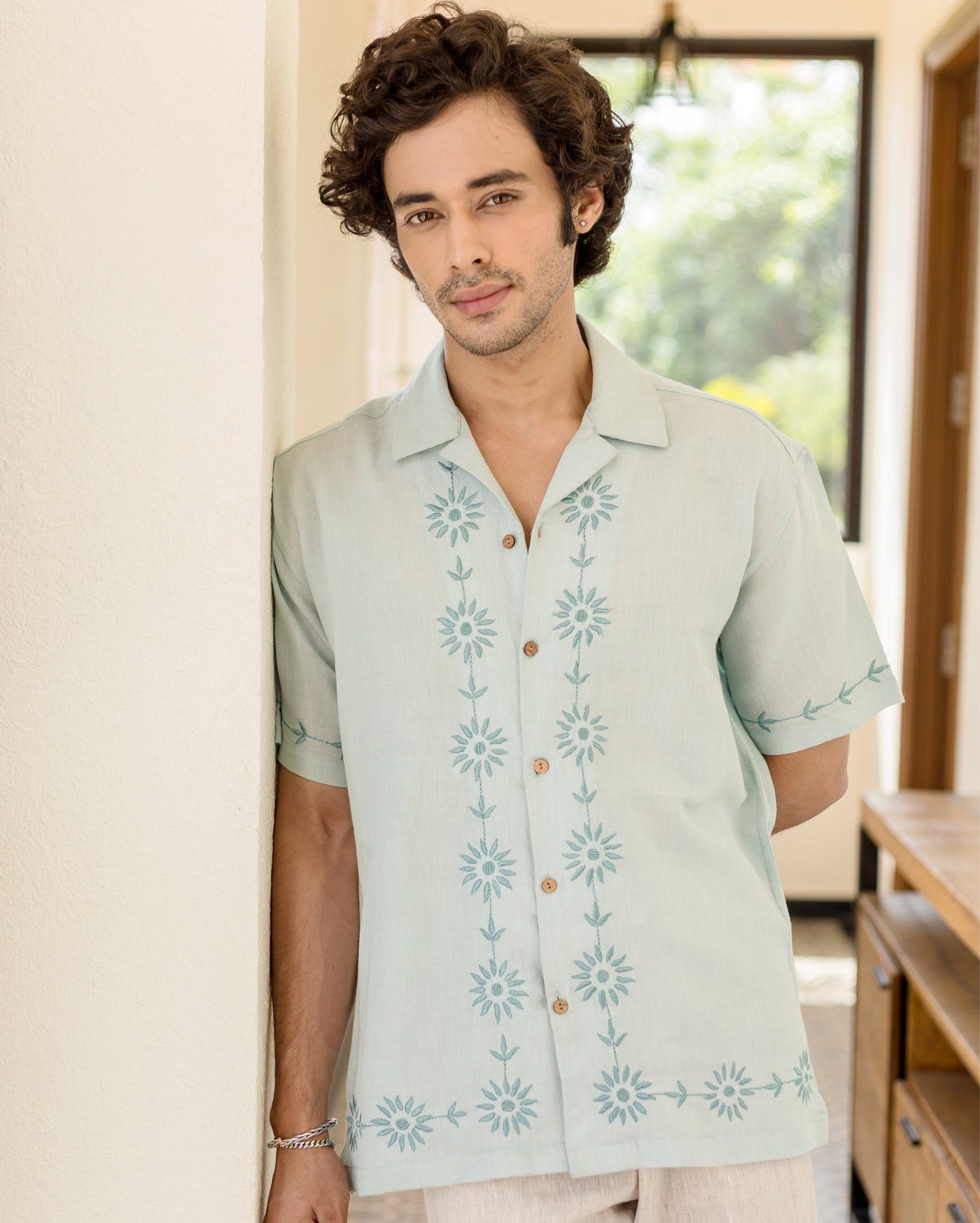 Drip Pastel Blue Embroidered Linen Shirt