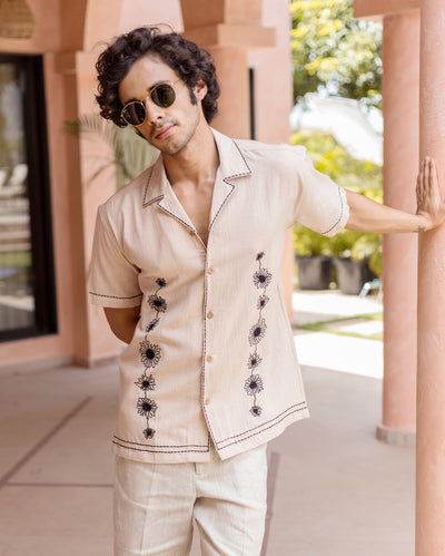 Eden Beige Embroidered SlubShirt