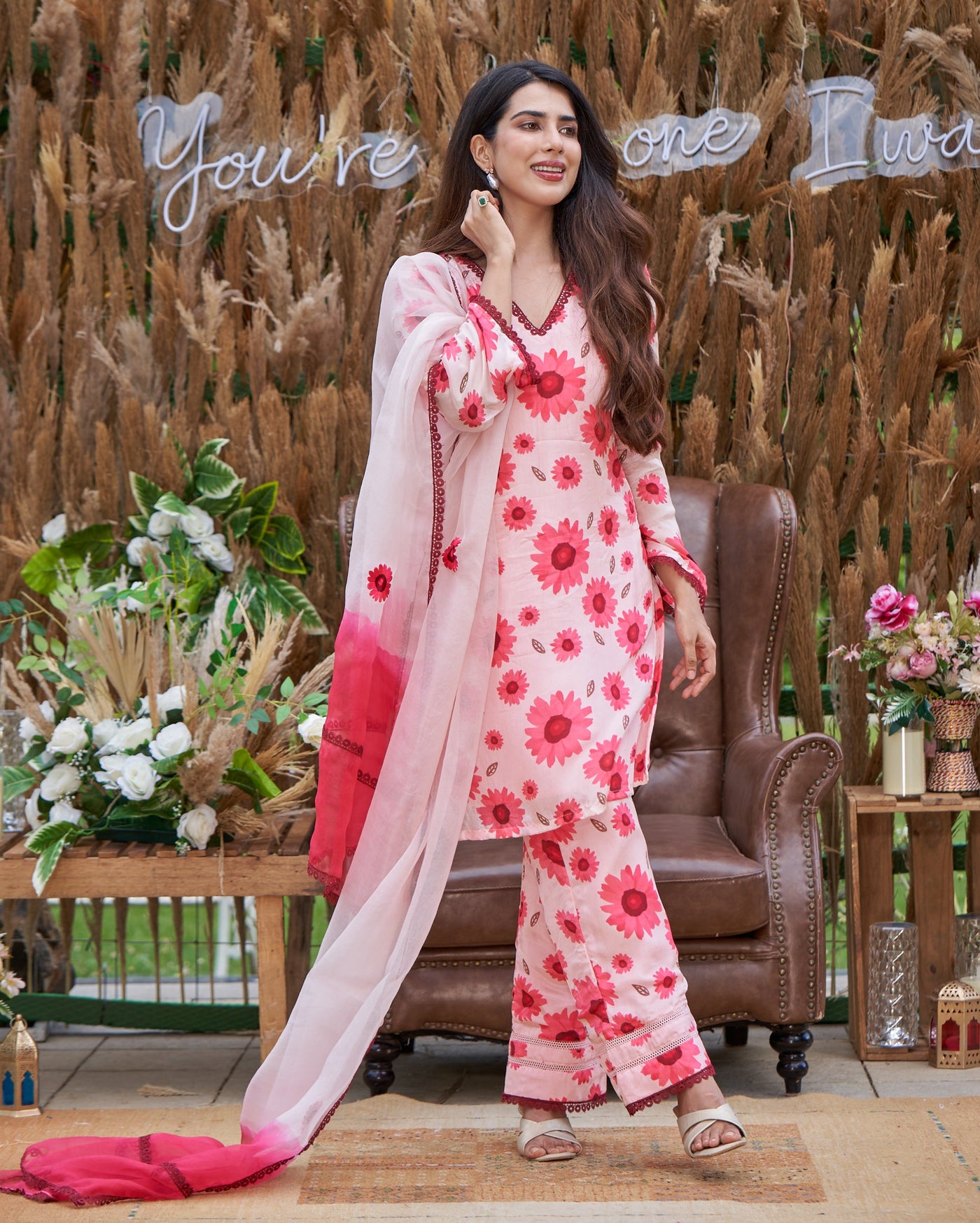 Nysa Pink Printed Silk Suit Set