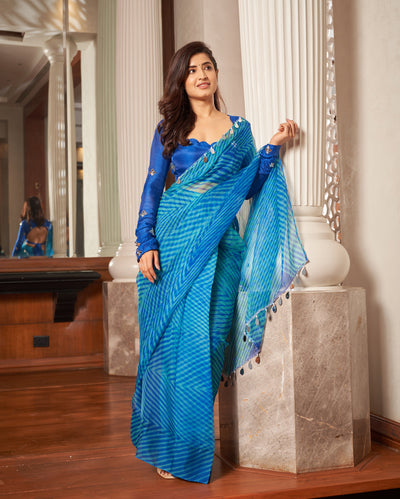 Neeru Blue Leheriya Organza Pre Draped Saree