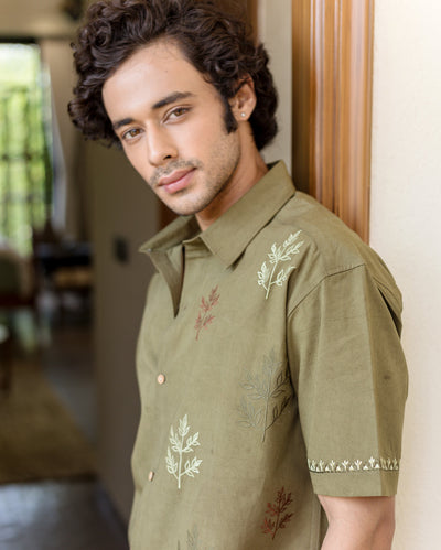 Dex Olive Embroidered Cotton Shirt