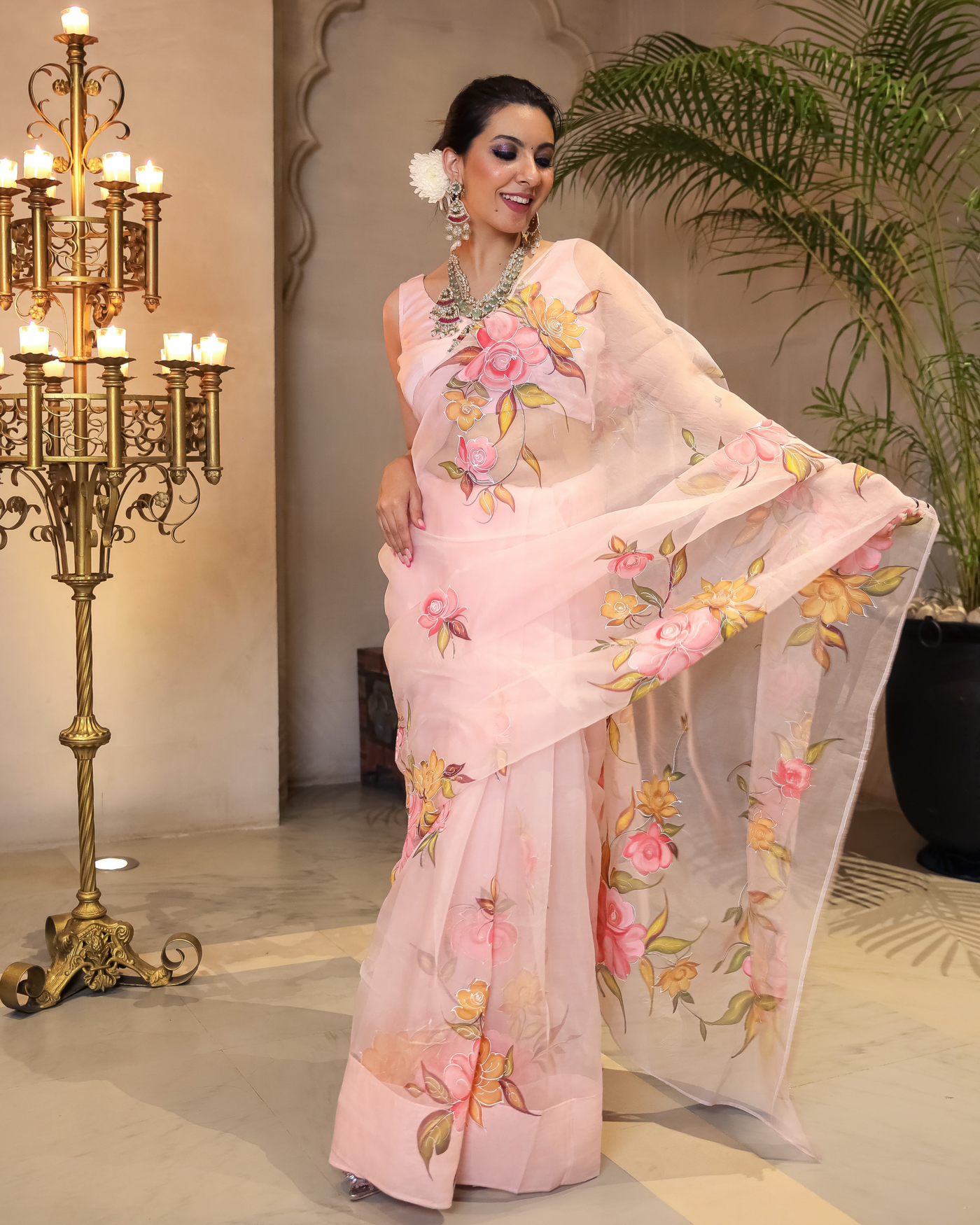 Peach Aura Embellished Handpainted Organza Silk Saree