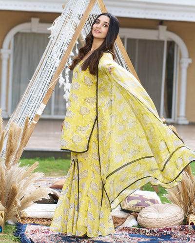 Emin Yellow Printed Georgette Sharara Set