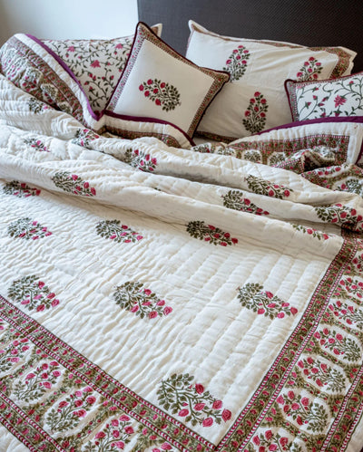 White Smoke Handblock Printed Cotton Quilt