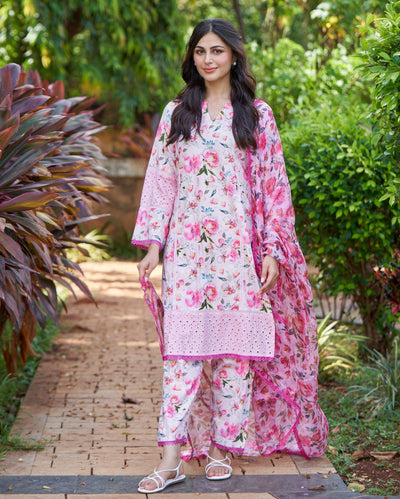 Plumeria Pink Printed Cotton Suit Set