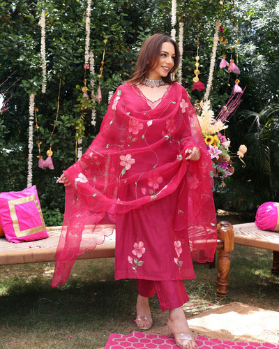 Berry Bliss Magenta Handpainted Chanderi Suit Set