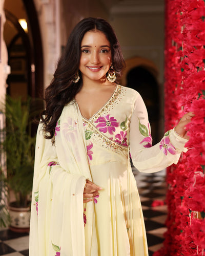 Floral Cream Dream Handpainted Georgette Suit Set