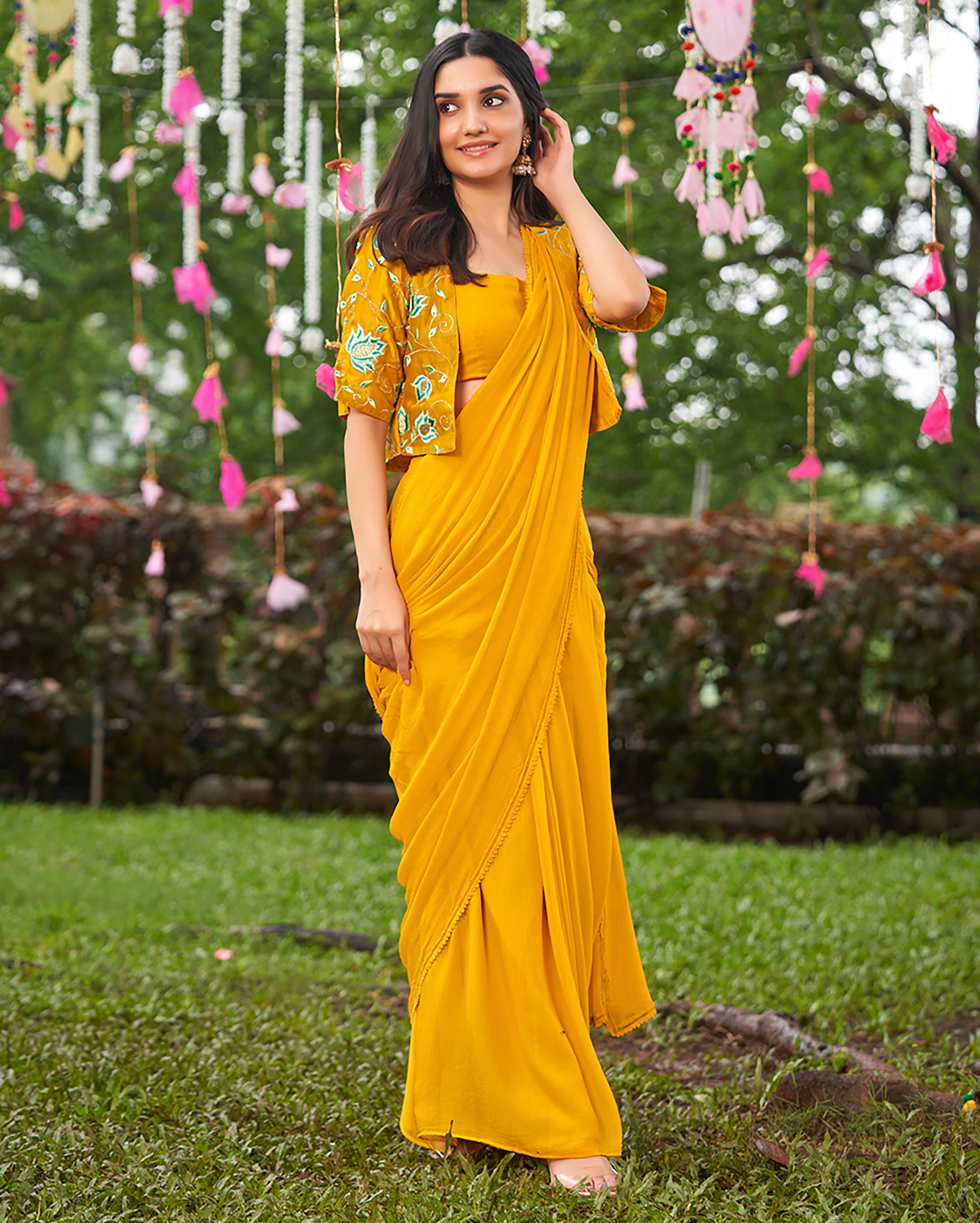 Mustard Embroidered Chinon Saree With Unstitched Blouse Piece