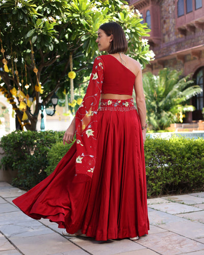 Rutvi Red Handpainted Satin Lehenga Set