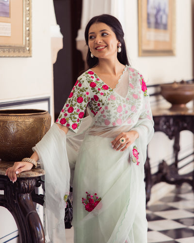 Luxe Mint Green Embroidered Organza Saree