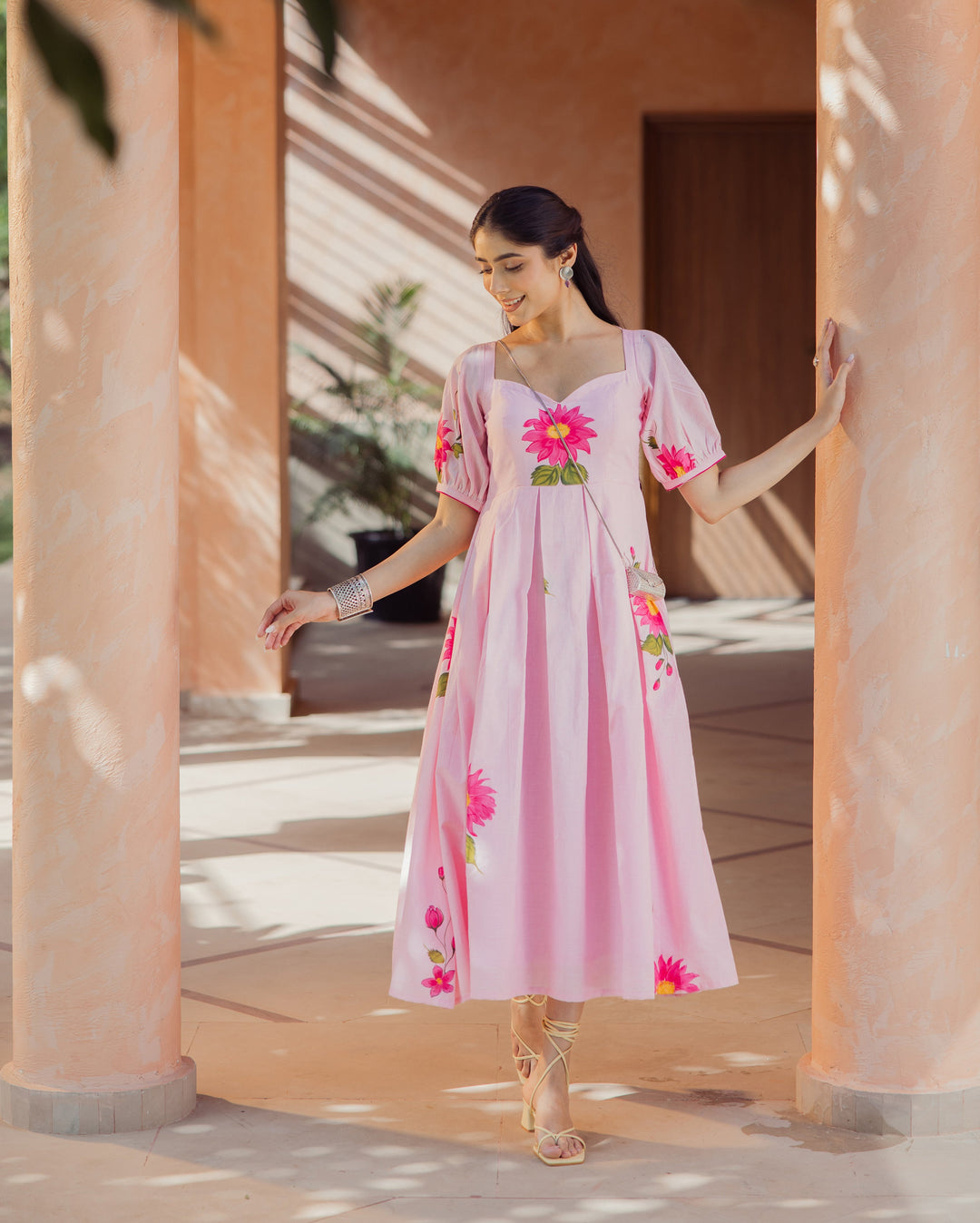 Shop Flora Fable Pink Handpainted Cotton Dress for Women Online at