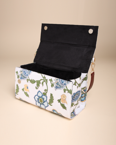 White Floral Handblock Printed Satchel Bag