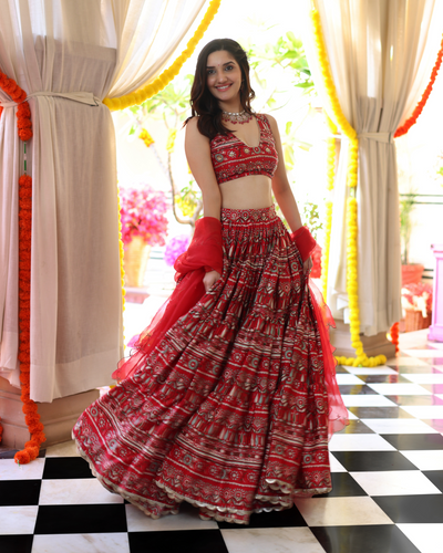 Red Hibiscus Haven Printed Satin Lehenga Set