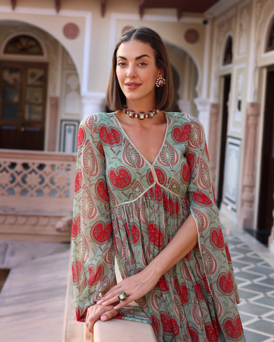 Turquoise Green Blush Printed Chinon Sharara Set