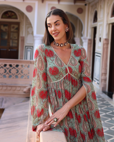 Turquoise Green Blush Printed Chinon Sharara Set