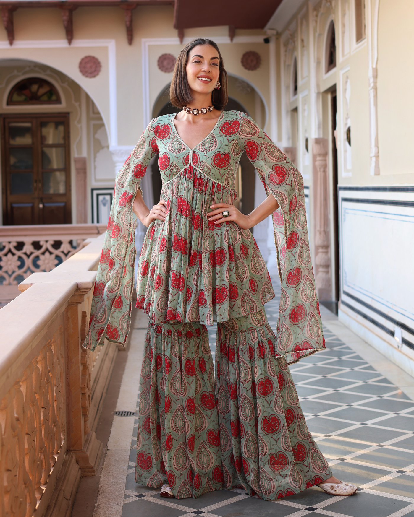 Turquoise Green Blush Printed Chinon Sharara Set