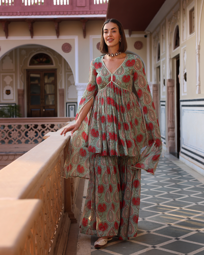 Turquoise Green Blush Printed Chinon Sharara Set