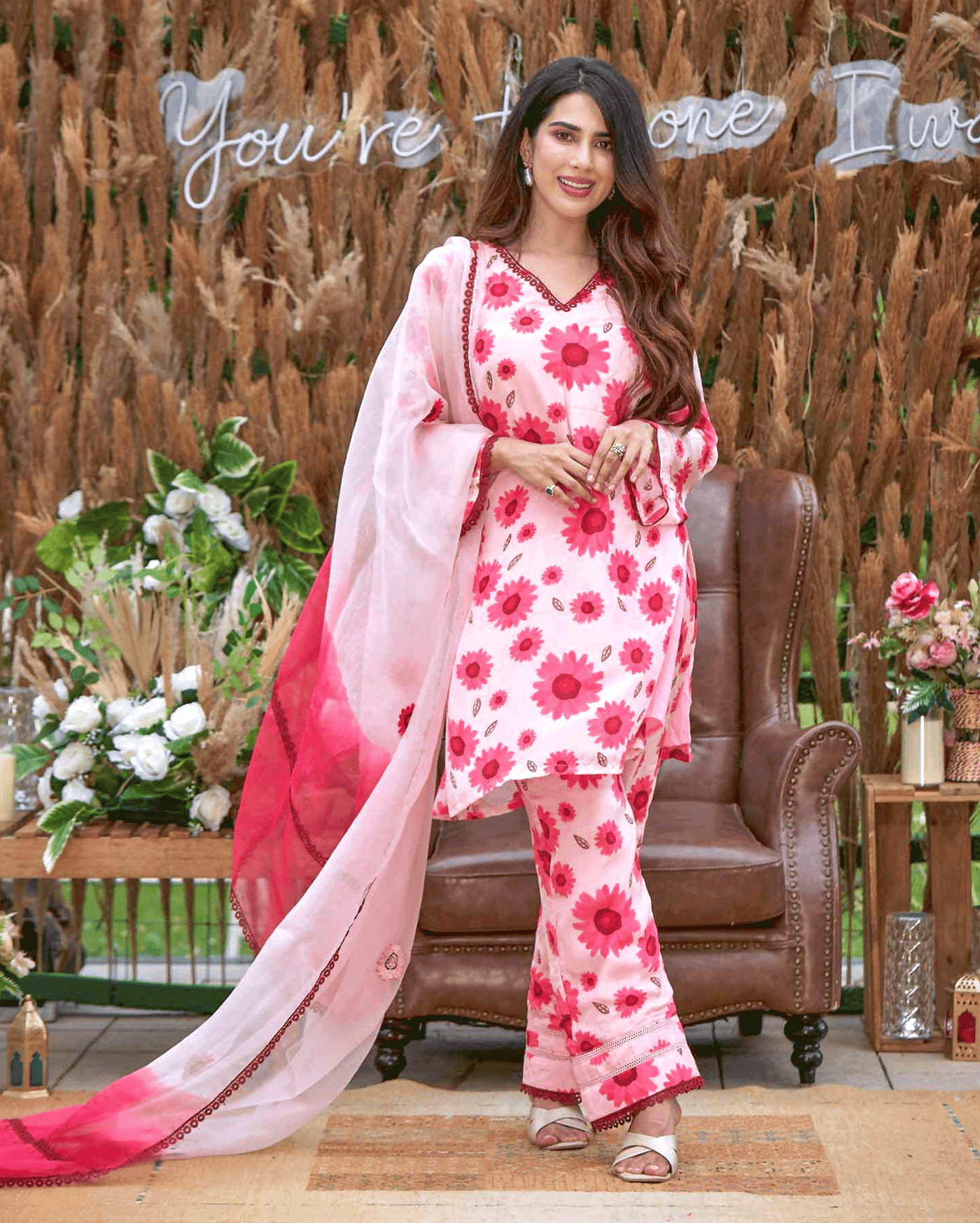 Nysa Pink Printed Silk Suit Set