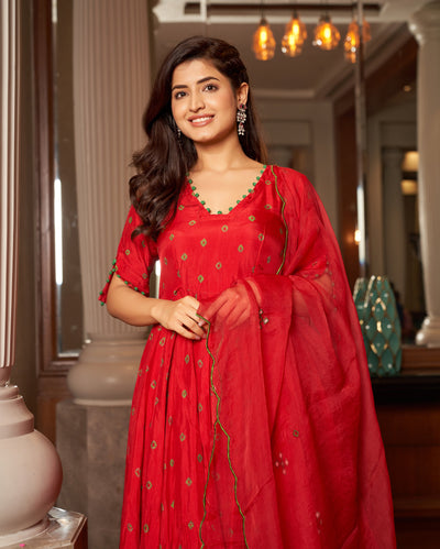 Rasa Red Bandhani Silk Suit Set