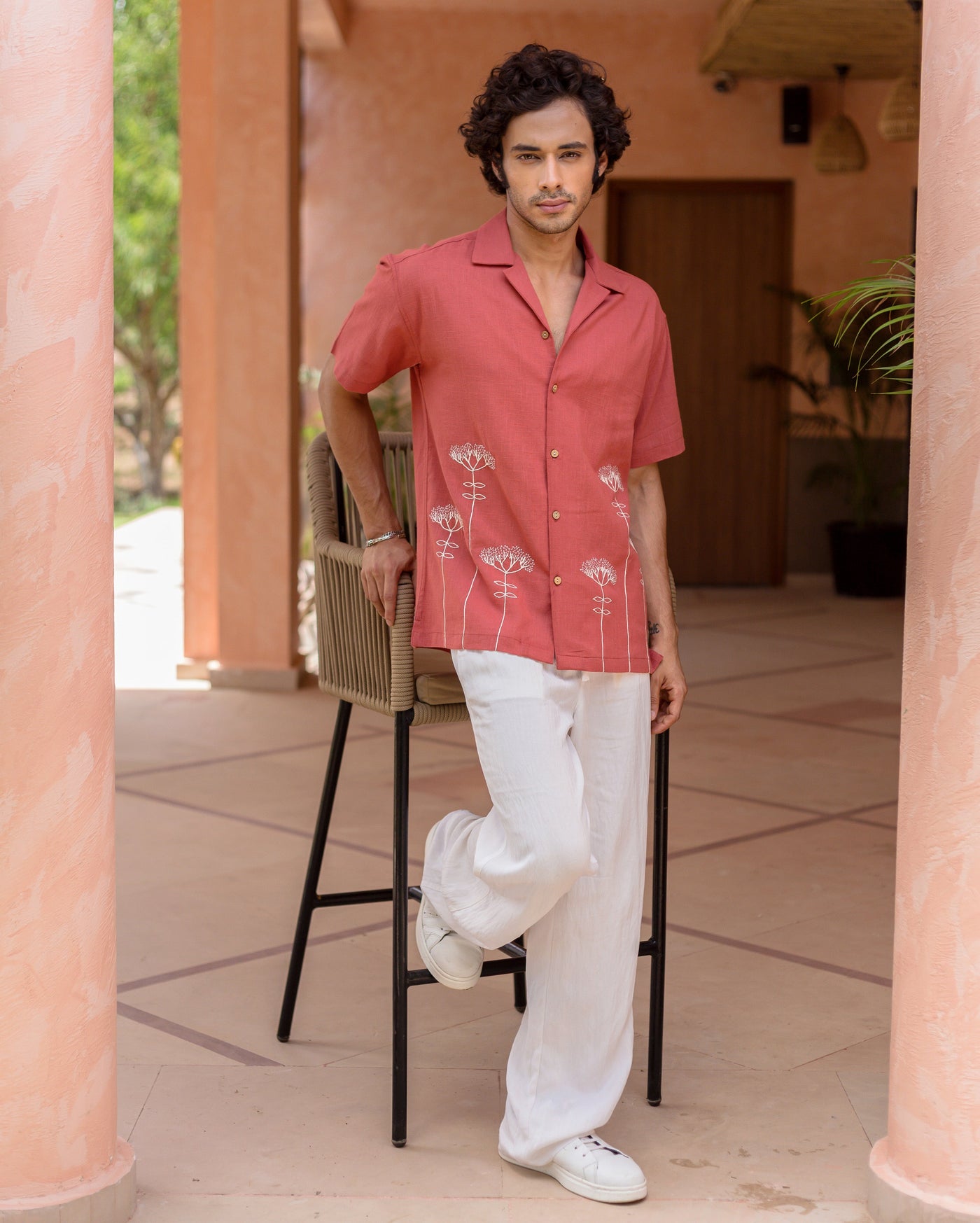 Brick Red Embroidered Slub Shirt