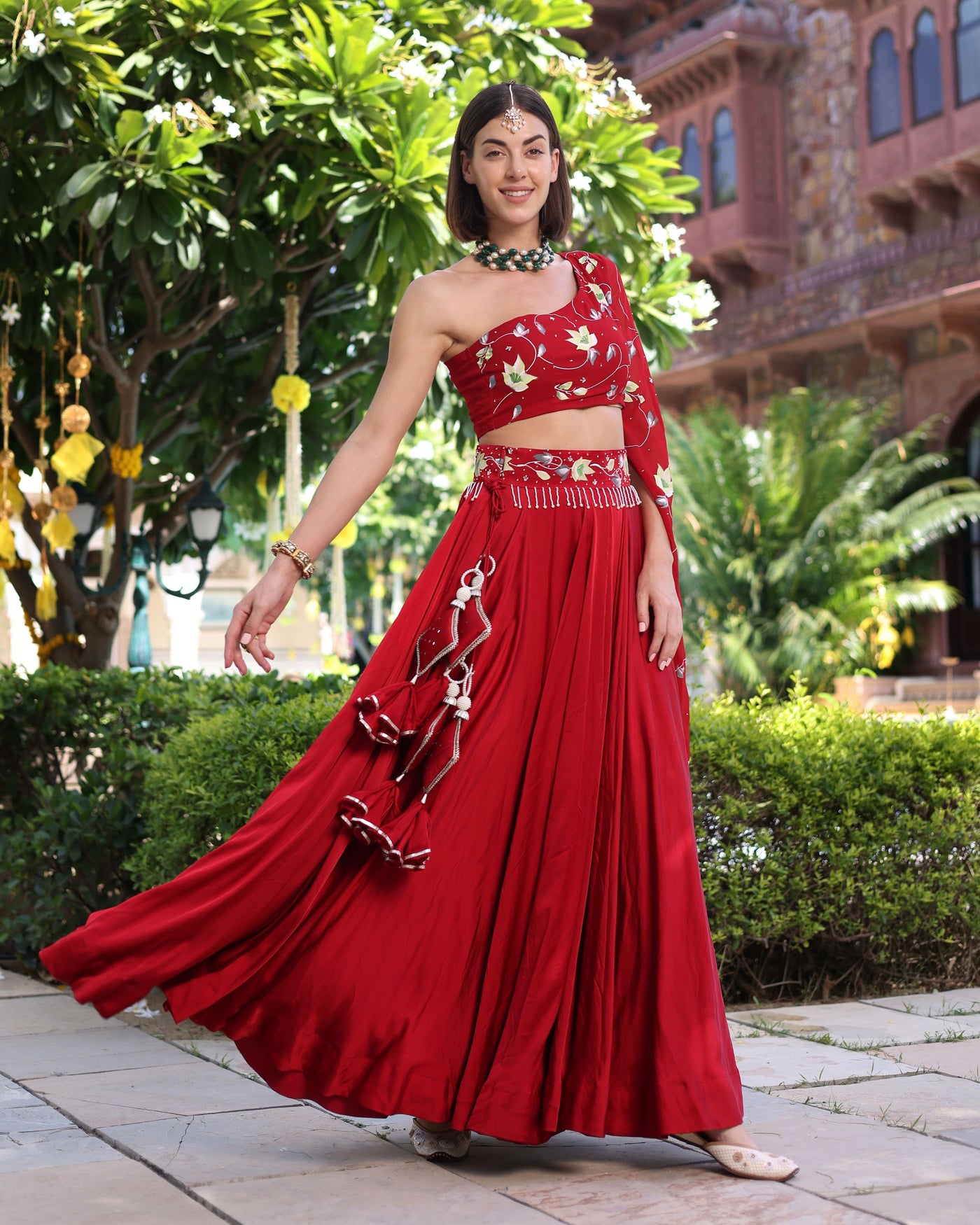 Rutvi Red Handpainted Satin Lehenga Set