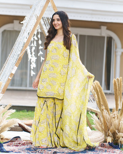 Emin Yellow Printed Georgette Sharara Set