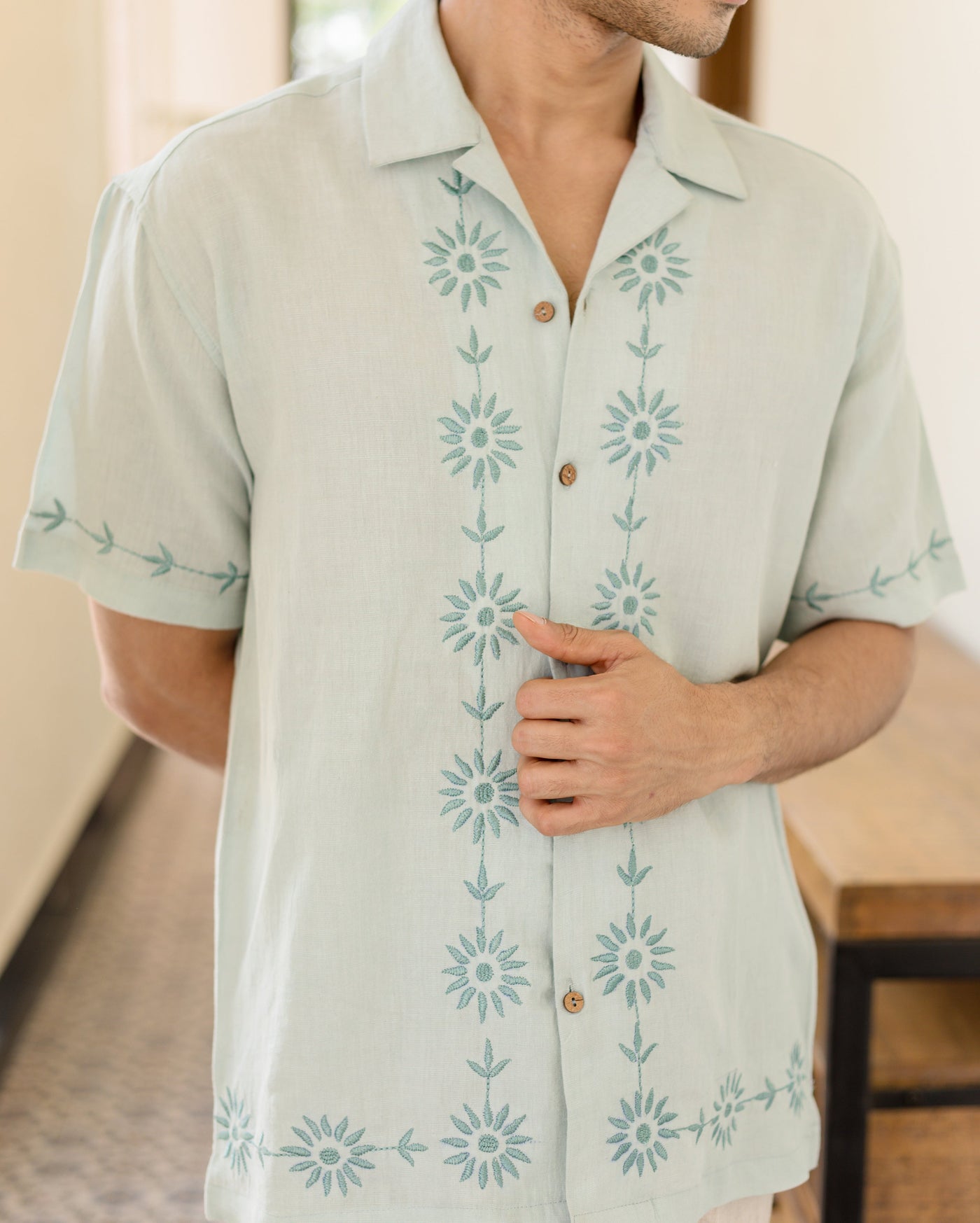 Drip Pastel Blue Embroidered Linen Shirt