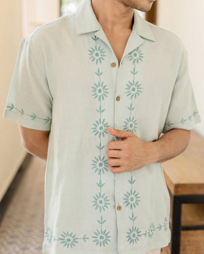 Drip Pastel Blue Embroidered Linen Shirt